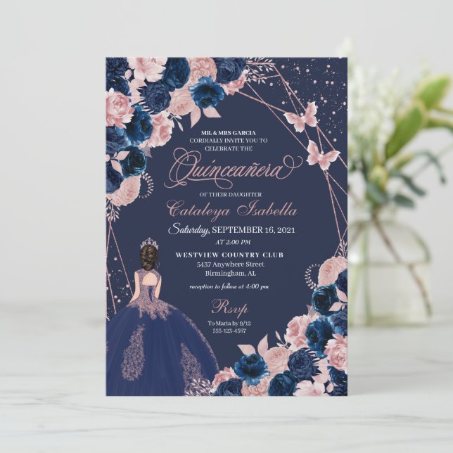 Navy Blue & Pink Butterfly Princess Quinceanera Invitation (Standing Front)