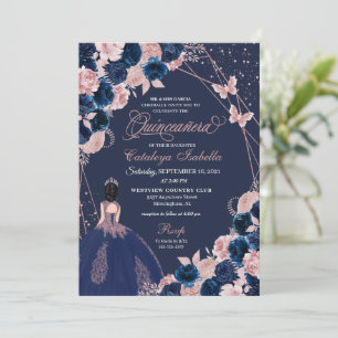 Navy Blue & Pink Butterfly Princess Quinceanera Invitation