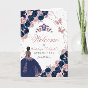 Navy Blue & Pink Butterfly Quinceanera Program Invitation