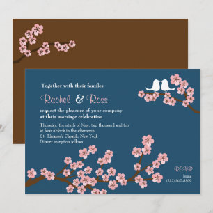 Navy Blue & Pink Cherry Blossom Garden Wedding Invitation