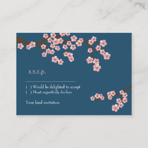 Navy Blue & Pink Cherry Blossom Spring RSVP Enclosure Card
