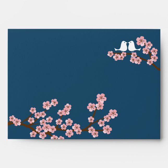 Navy Blue & Pink Cherry Blossom Spring Wedding Envelopes (Front)