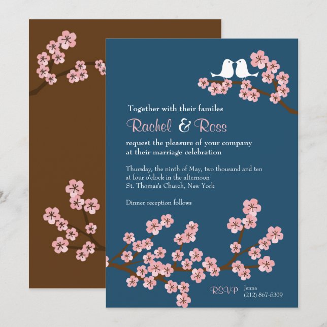 Navy Blue & Pink Cherry Blossom Spring Wedding Invitation (Front/Back)