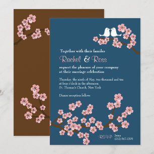 Navy Blue & Pink Cherry Blossom Spring Wedding Invitation