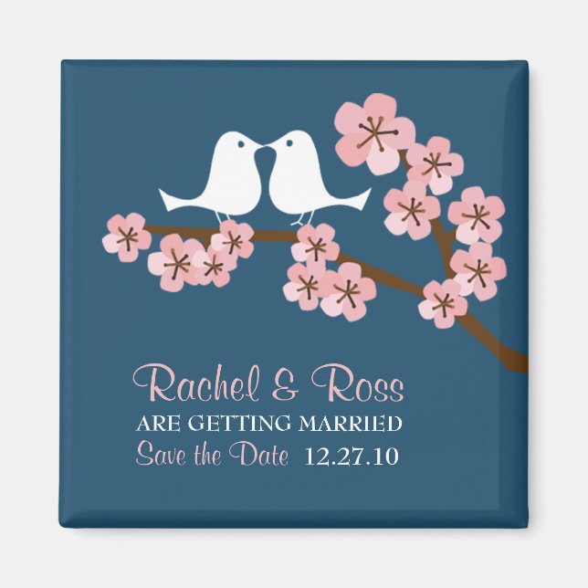 Navy Blue & Pink Cherry Blossom Spring Wedding Magnet (Front)