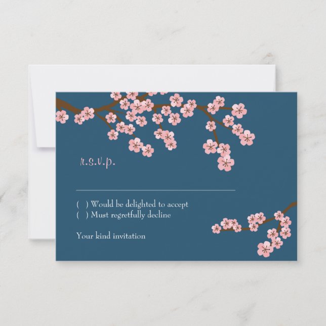 Navy Blue & Pink Cherry Blossom Spring Wedding RSVP Card (Front)