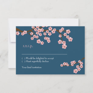 Navy Blue & Pink Cherry Blossom Spring Wedding RSVP Card