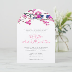 Navy Blue & Pink Cherry Blossom Vintage Love Birds Invitation