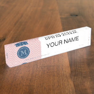 Navy Blue, Pink Chevron Pattern Your Monogram Nameplate