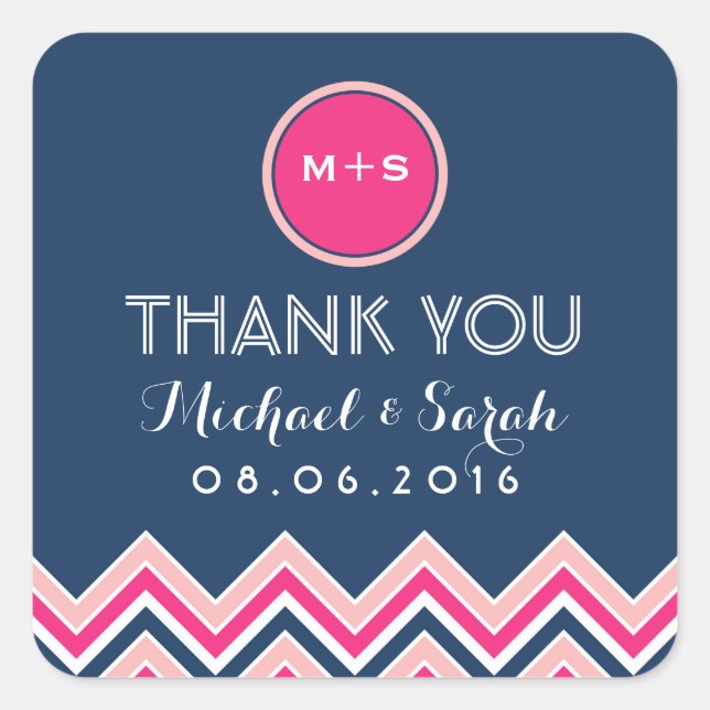 Navy Blue Pink Chevron Wedding Thank You Sticker (Front)