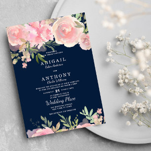 Navy blue pink coral green roses floral Wedding  Invitation