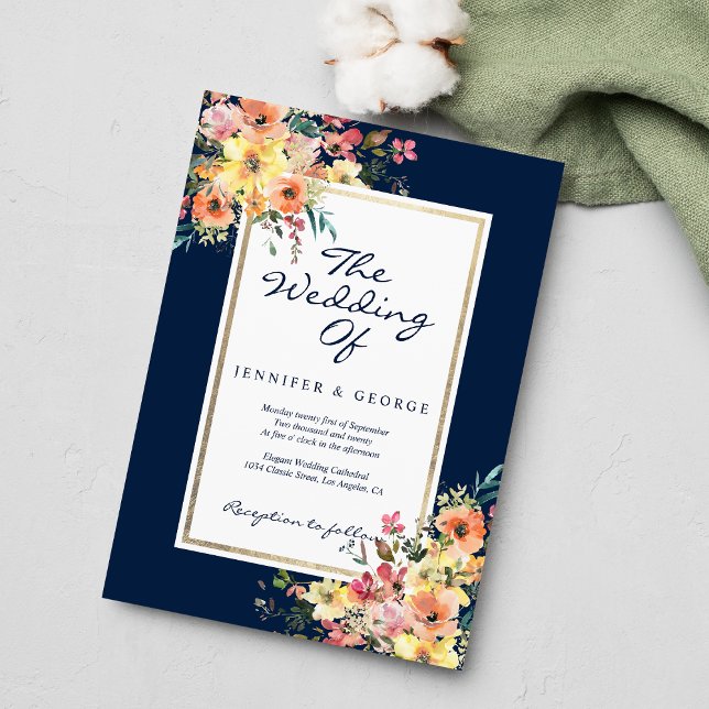 Navy blue pink coral orange floral country wedding invitation (Navy blue pink coral orange floral country wedding)