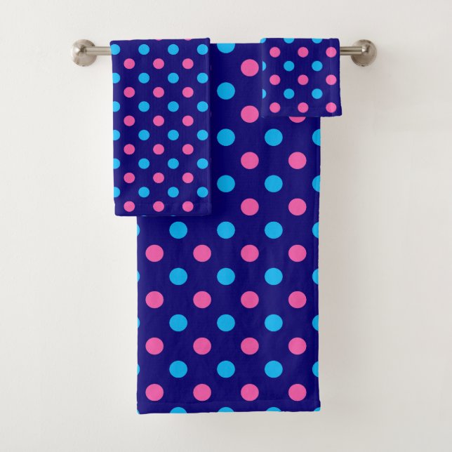 Navy Blue Pink Cyan Polka Dot Pattern Bath Towel Set (Insitu)