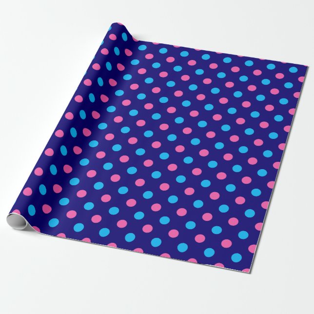 Navy Blue Pink Cyan Polka Dot Pattern Wrapping Paper (Unrolled)