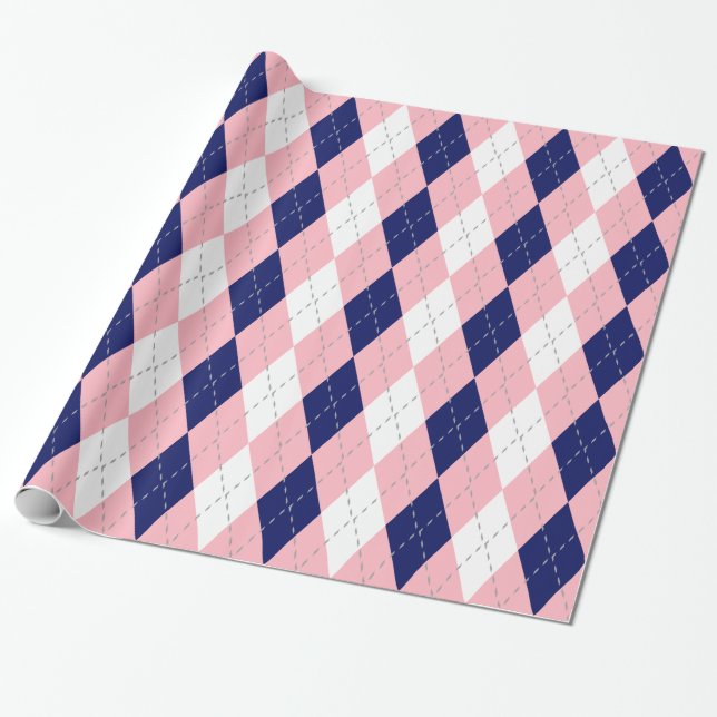 Navy Blue Pink Dk Grey Wht XL Argyle Wrapping Paper (Unrolled)