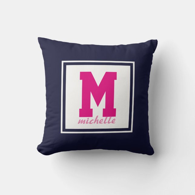 Navy Blue PINK DOTS Preppy  Monogram NAME Custom Cushion (Front)