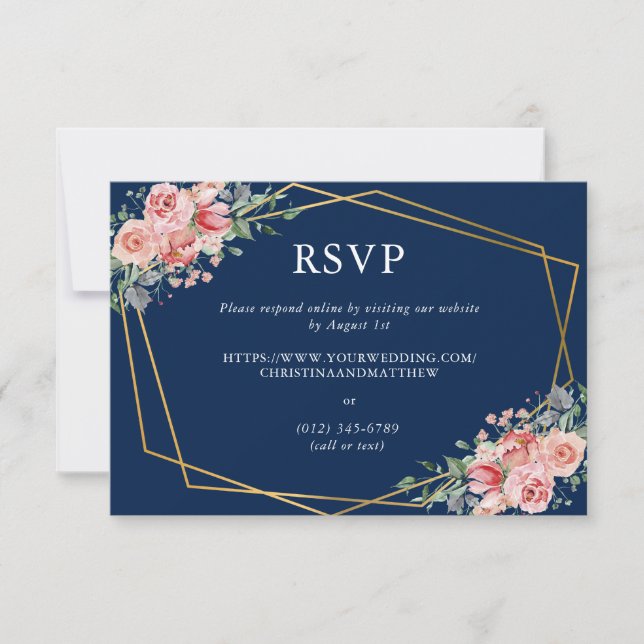 Navy Blue & Pink Dusty Rose Floral Wedding Online RSVP Card (Front)