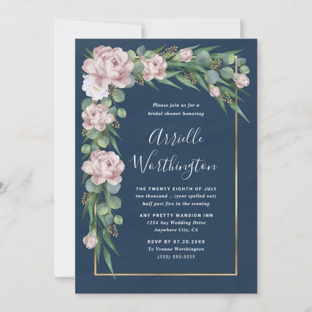 Navy Blue & Pink Dusty Rose Greenery Bridal Shower Invitation (Front)