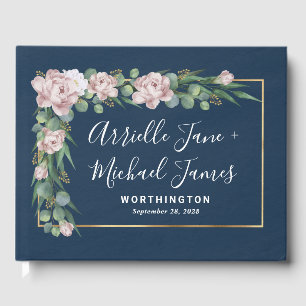 Navy Blue & Pink Dusty Rose Greenery Gold Wedding Guest Book