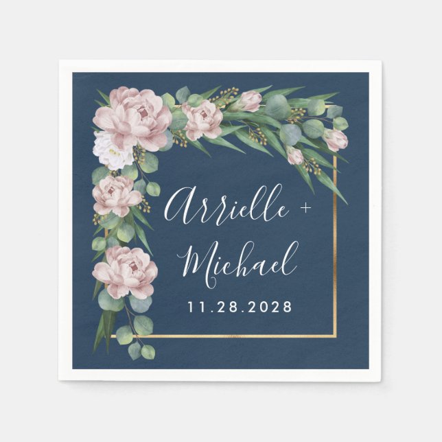 Navy Blue & Pink Dusty Rose Greenery Gold Wedding Napkin (Front)