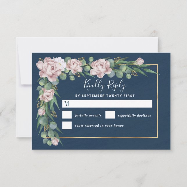 Navy Blue & Pink Dusty Rose Greenery Gold Wedding RSVP Card (Front)