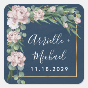 Navy Blue & Pink Dusty Rose Greenery Gold Wedding Square Sticker