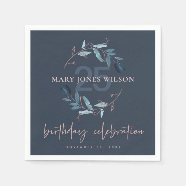 NAVY BLUE PINK FAUNA WREATH ANY AGE 25TH BIRTHDAY NAPKIN (Front)