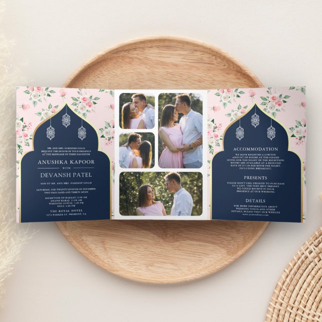 Navy Blue Pink Floral All in One Indian Wedding Tri-Fold Invitation (Creator Uploaded)