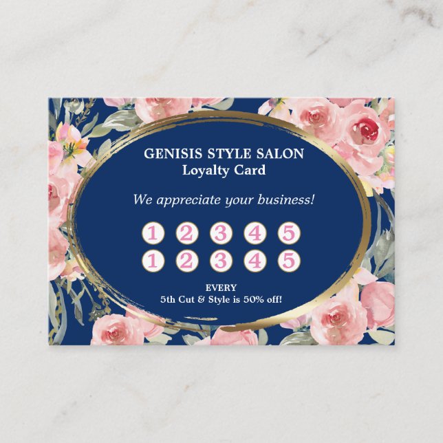Navy Blue Pink Floral Beauty Salon Loyalty Card (Front)