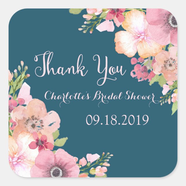 Navy Blue Pink Floral Bridal Shower Square Sticker (Front)