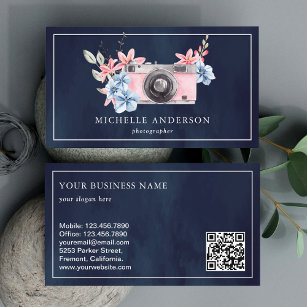 Navy Blue Pink Floral Camera QR Code Photographer Business Card