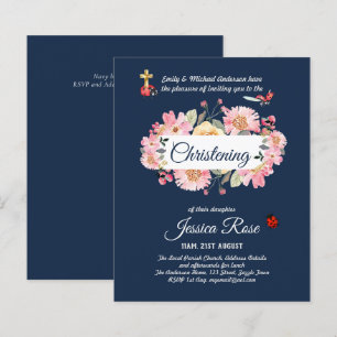 Navy Blue Pink Floral Christening Invites Baptism 