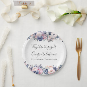 Navy Blue Pink Floral Engagement Party Paper Plate