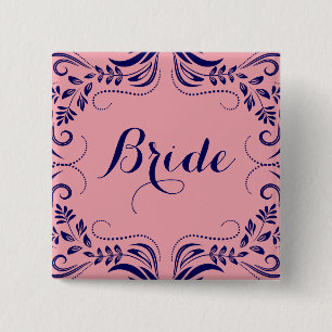 Navy Blue & Pink Floral Frame Bride Button