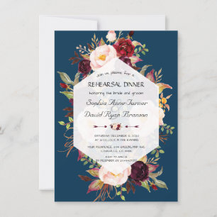 Navy Blue Pink Floral Geometric Rehearsal Dinner Invitation