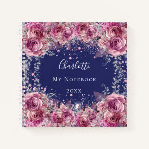 Navy blue pink floral glitter name elegant notebook