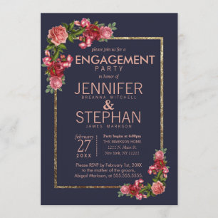 Navy Blue Pink Floral Gold Engagement Party Invitation
