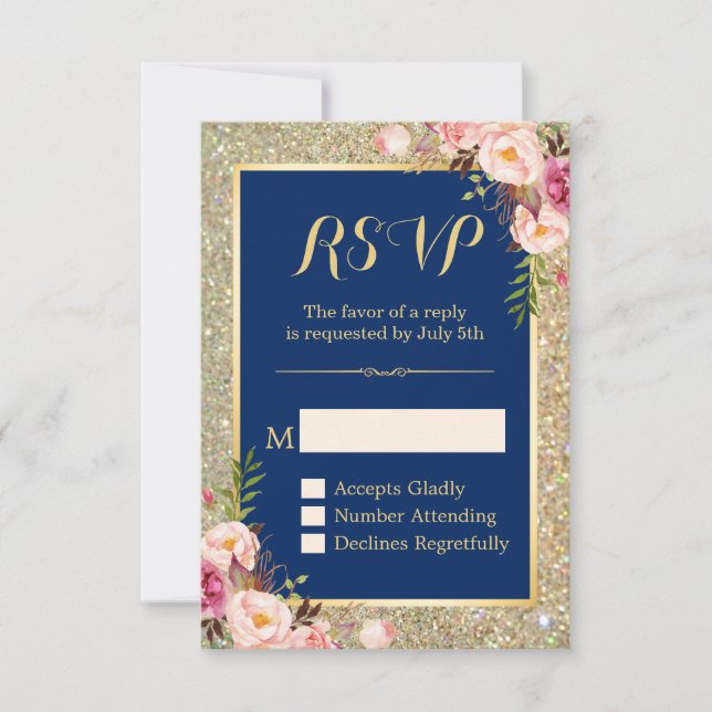 Navy Blue Pink Floral Gold Glitter Sparkling RSVP (Front)