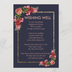 Navy Blue Pink Floral Gold Wishing Well Invitation