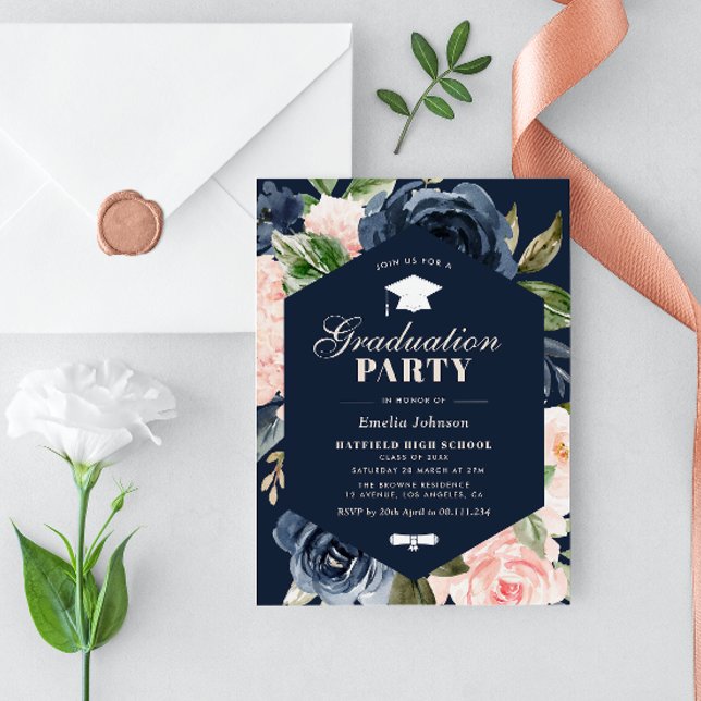 navy blue & pink floral graduation party invitation (Creator Uploaded)