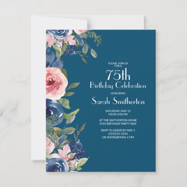 Navy Blue Pink Floral Green Leaves 75th Birthday Invitation (Front)