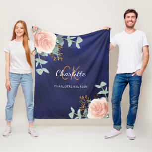 Navy blue pink floral greenery monogram name fleece blanket