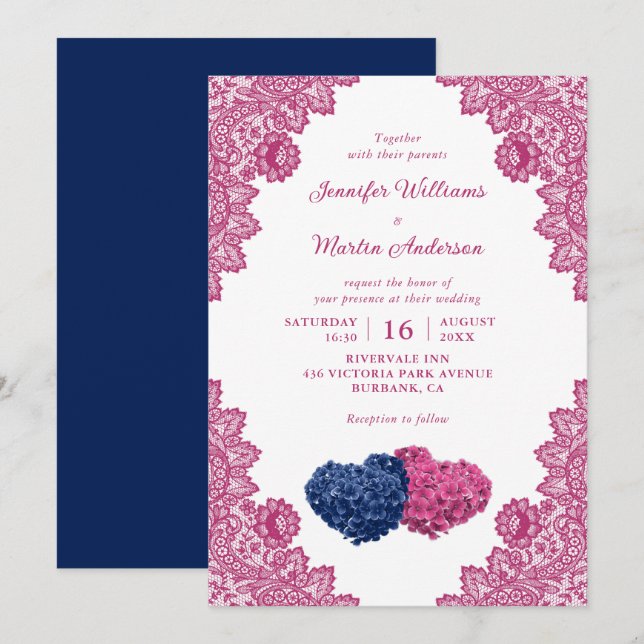Navy Blue Pink Floral Lace Hydrangea Wedding Invitation (Front/Back)