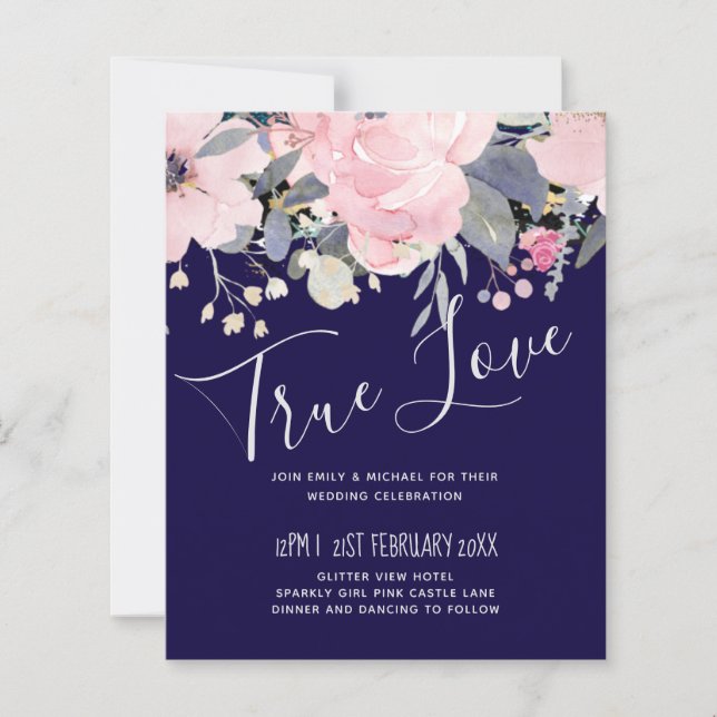 Navy Blue Pink Floral Modern Wedding Budget (Front)
