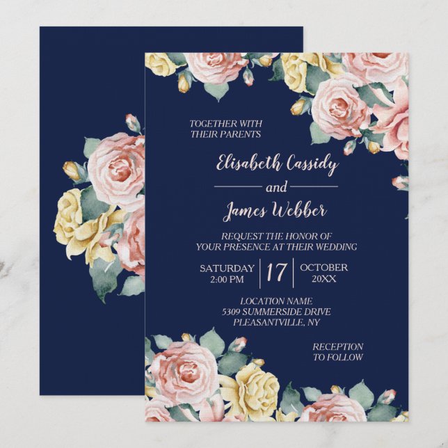 Navy Blue Pink Floral Pretty Wedding Invitation (Front/Back)