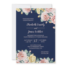 Navy Blue Pink Floral Pretty Wedding Invitation