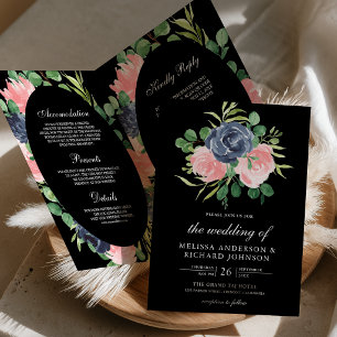 Navy Blue Pink Floral QR Code Black Wedding Invitation