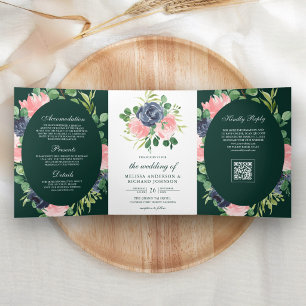 Navy Blue Pink Floral QR Code Emerald Wedding Tri-Fold Invitation