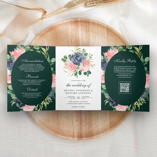 Navy Blue Pink Floral QR Code Emerald Wedding Tri-Fold Invitation (Creator Uploaded)