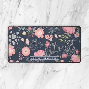 Navy Blue Pink Floral Valentine Desk Mat with Name